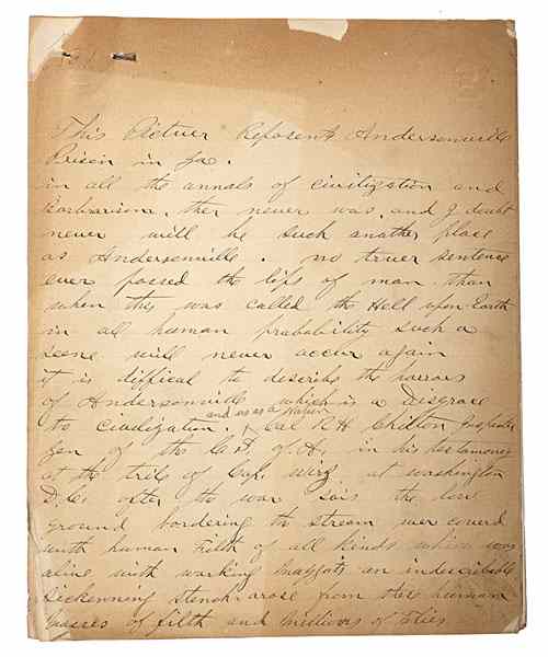 Appraisal: Manuscript Notes on Conditions at Andersonville Prison pp inked manuscript