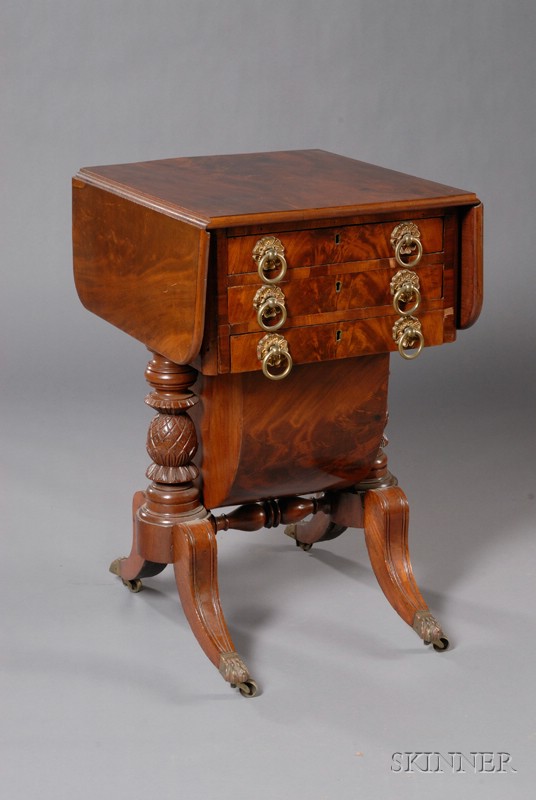 Appraisal: Classical Carved Mahogany and Mahogany Veneer Work Table probably Massachusetts