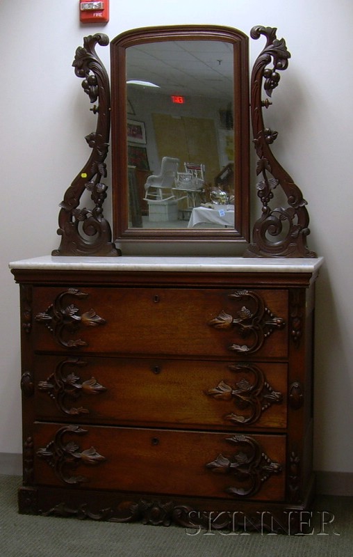 Appraisal: Victorian White Marble-top Carved Walnut Mirrored Dresser