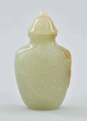 Appraisal: A Carved Green Jade Snuff Bottle Tapering flattened shape short