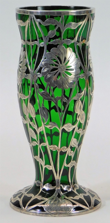 Appraisal: VICTORIAN SILVER OVERLAY GREEN ART GLASS VASE Europe Early th