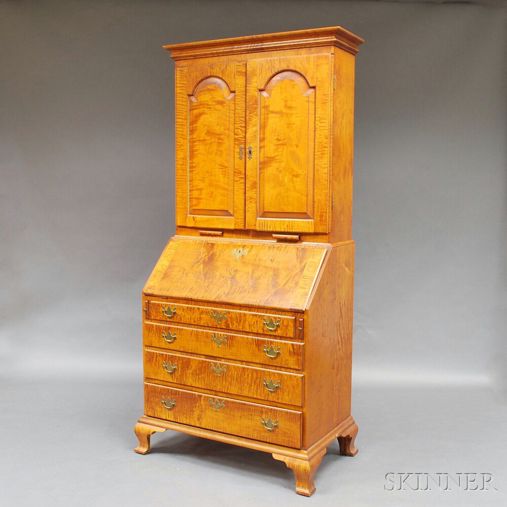 Appraisal: Eldred Wheeler Tiger Maple Desk Bookcase the upper section with