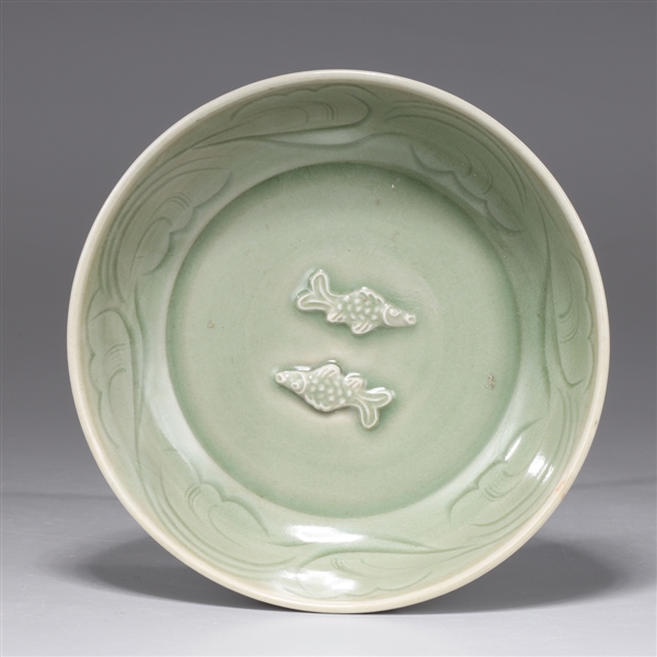 Appraisal: Chinese celadon glazed dish with twin fish to interior chips