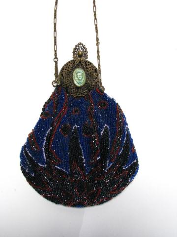 Appraisal: Antique beaded hand bag with carved stone cameo insert on