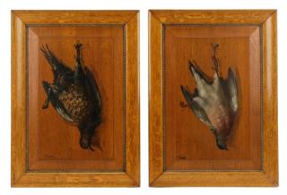 Appraisal: Trompe L'Oeil Hanging Pheasant Paintings E Frerot French late th