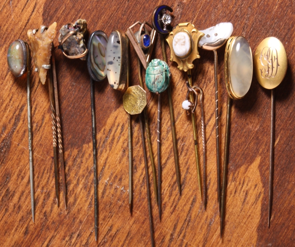 Appraisal: GROUP OF ANTIQUE STICK PINS Mid-late th century Fourteen stick