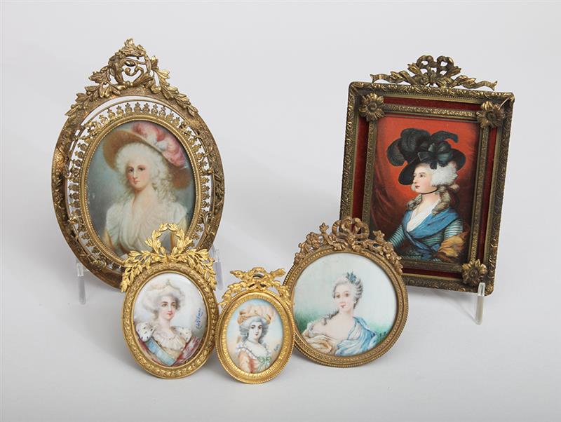 Appraisal: Five Miniature Portraits of Ladies Watercolors on celluloid three signed