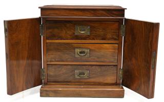 Appraisal: Burled Mahogany Campaign Two doors three drawer compartments bronze hardware