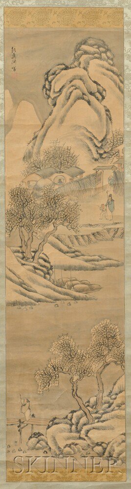 Appraisal: Painting Depicting a Landscape Japan scholars and attendants in a