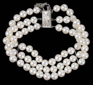 Appraisal: kt Mikomoto Pearl Bracelet three strands of cultured pearls approx