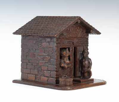 Appraisal: A Carved Wood Cabin Cigar Box with Monkey and Cat