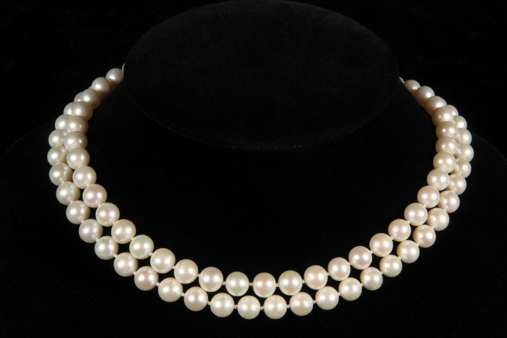 Appraisal: NECKLACE - Double Strand Pearl Necklace with synthetic blue sapphire