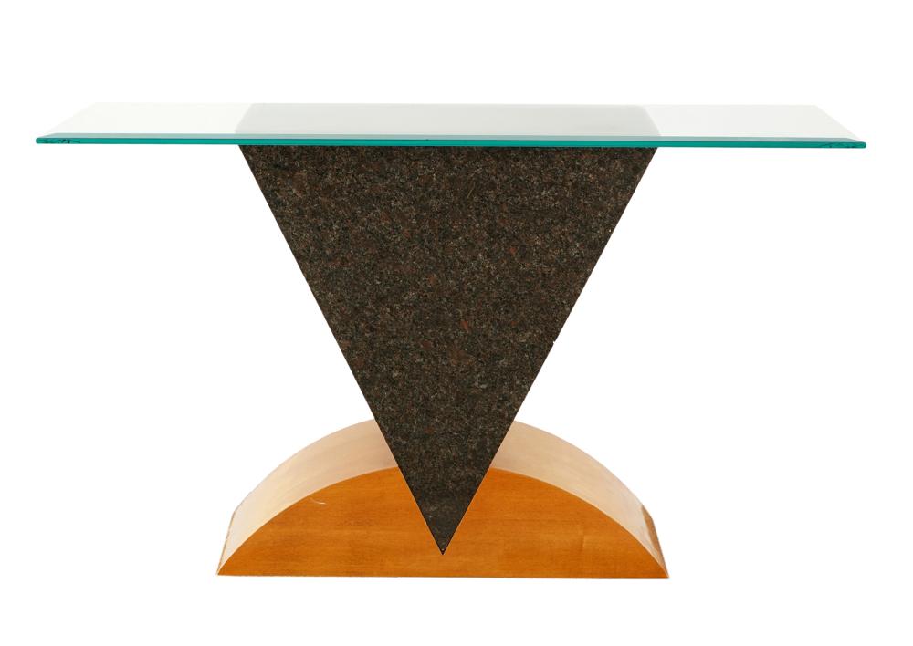 Appraisal: MODERNIST WOOD STONE CONSOLE TABLEthe rectangular glass top with beveled