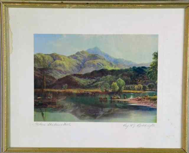 Appraisal: H J BODDINGTON LANDSCAPE PRINTColorful mountain scene with lake cattle