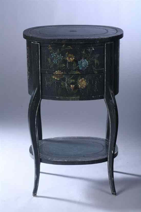 Appraisal: FRENCH STYLE BLACK-LACQUER AND PAINT-DECORATED SIDE TABLE by Maitland-Smith Oval