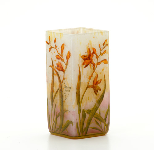 Appraisal: DAUM Etched and enameled vase decorated with tiger lilies in