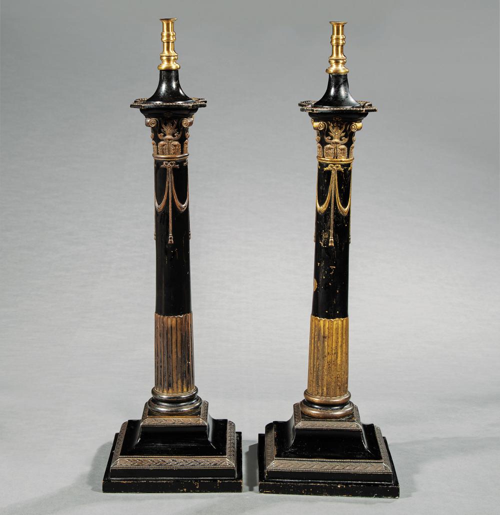 Appraisal: Pair of Tole Peinte Columnar Lamps classical motifs stamped E