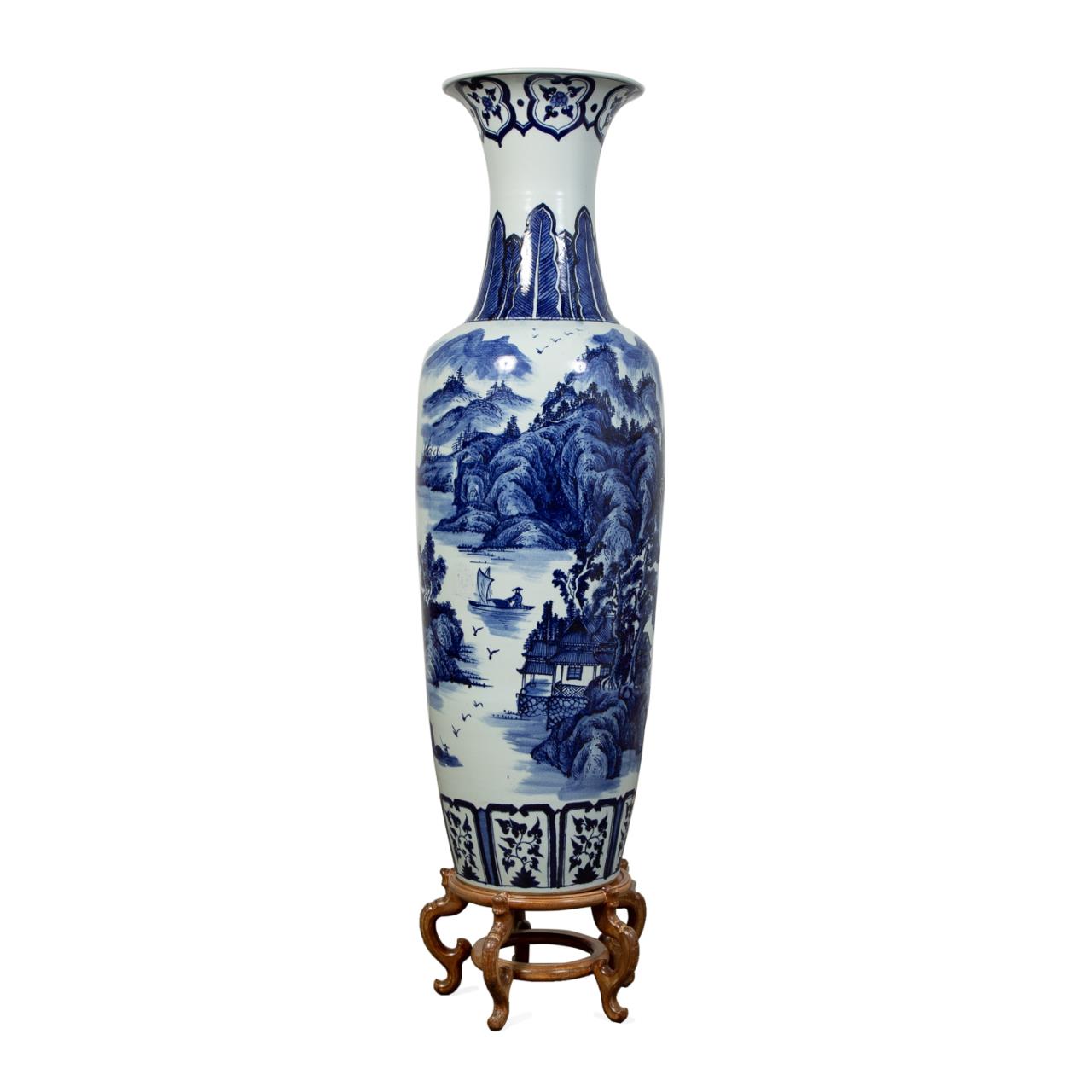 Appraisal: CHINESE BLUE WHITE LANDSCAPE BALUSTER W STAND pcs Tall Chinese