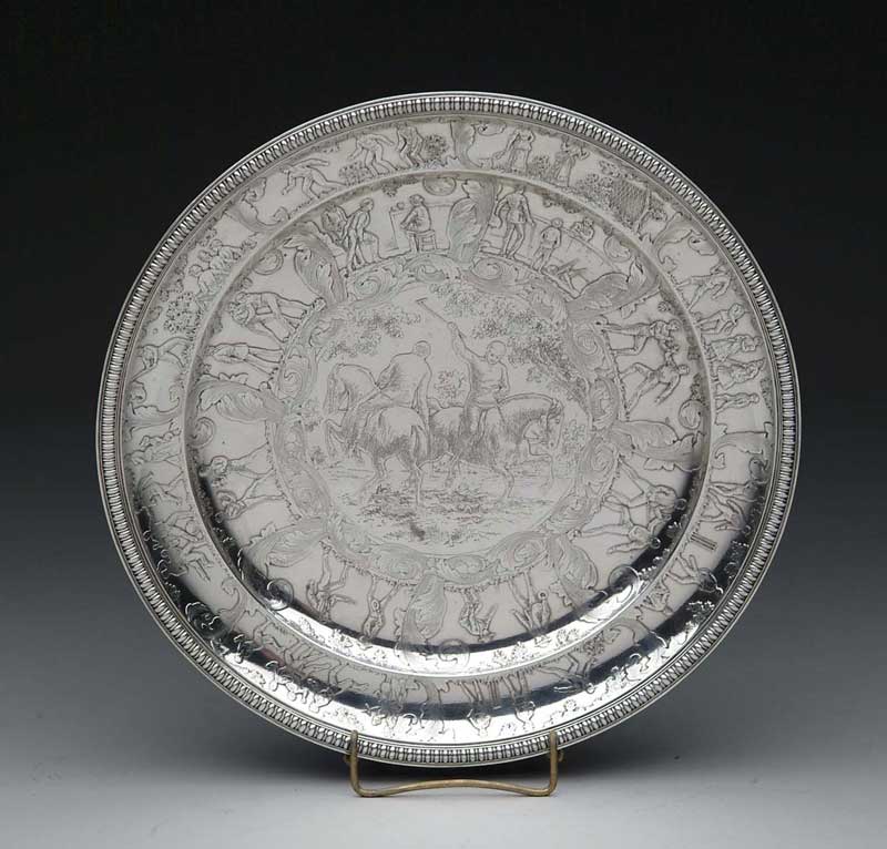 Appraisal: TIFFANY ETCHED STERLING SPORTS PLATE This magnificent Tiffany sterling plate