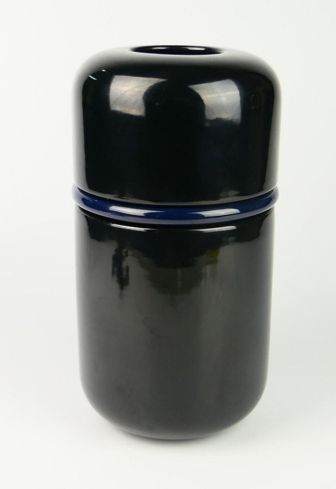 Appraisal: SICART BLACK HAND BLOWN CYLINDRICAL VASE Vase maintains paper label