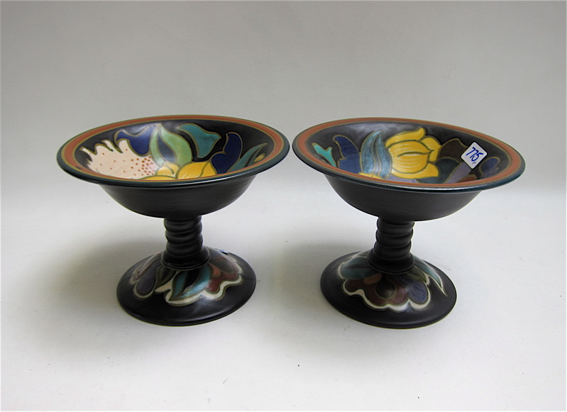 Appraisal: PAIR GOUDA POTTERY COMPOTES Gouda Holland Art Nouveau floral design