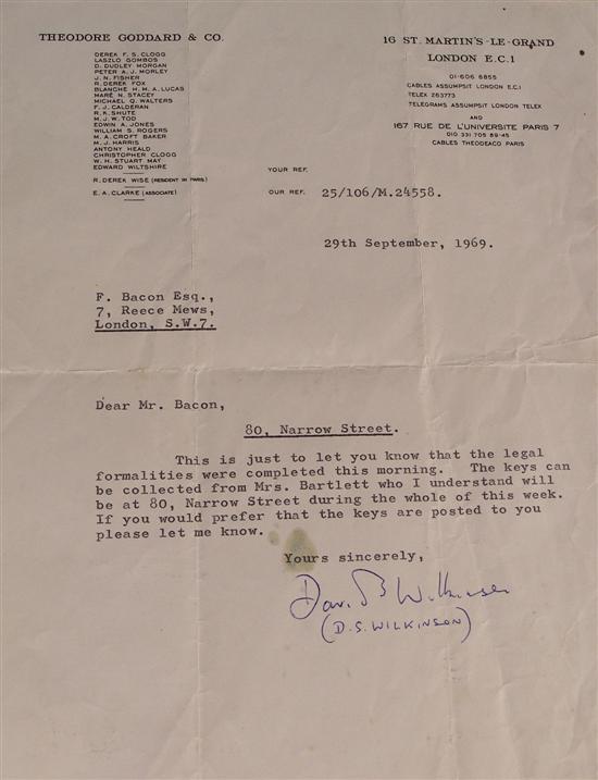 Appraisal: Letter to Francis Bacon from Theodore Goddard Company typewritten and