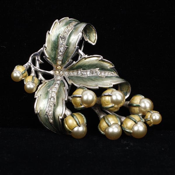 Appraisal: Marcel Boucher Yellow Green Enamel Pave Rhinestones Oak Leaf with