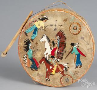 Appraisal: Two contemporary Native American wood and painted hide drums the