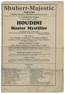 Appraisal: Houdini Harry Ehrich Weiss Shubert-Majestic Theatre Program Providence R I