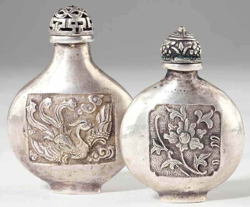 Appraisal: Two Chinese Silver Snuff Bottlestouch marks on the undersides the