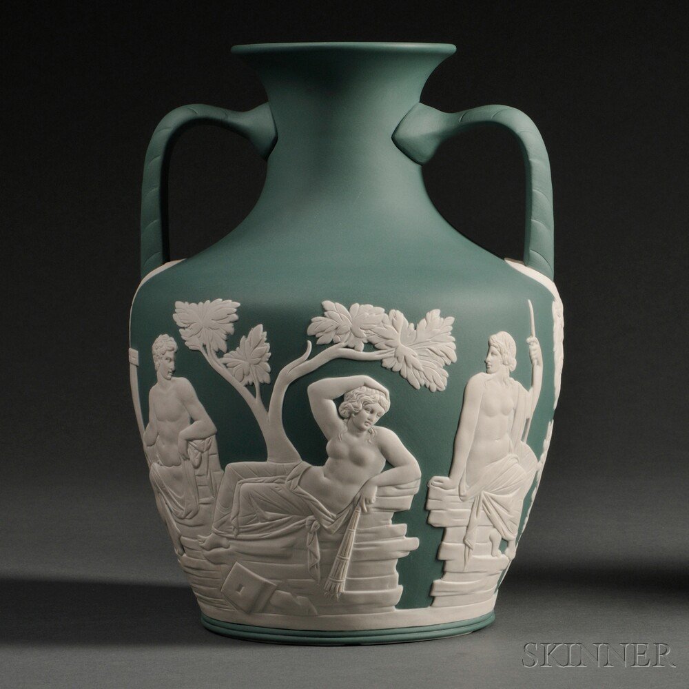 Appraisal: Modern Wedgwood Solid Teal Jasper Portland Vase England applied white