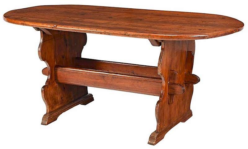 Appraisal: Baroque Pine Stretcher Base Harvest Table th century oval top