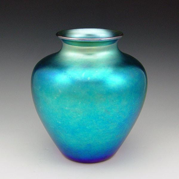 Appraisal: STEUBEN BLUE AURENE VASE Diamond point etched signature ''h ''