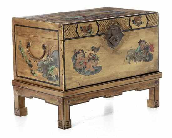 Appraisal: Chinoiserie decorated wood and leather trunk early th century leather