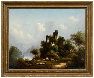 Appraisal: European landscape painting castle ruins and figure on a path