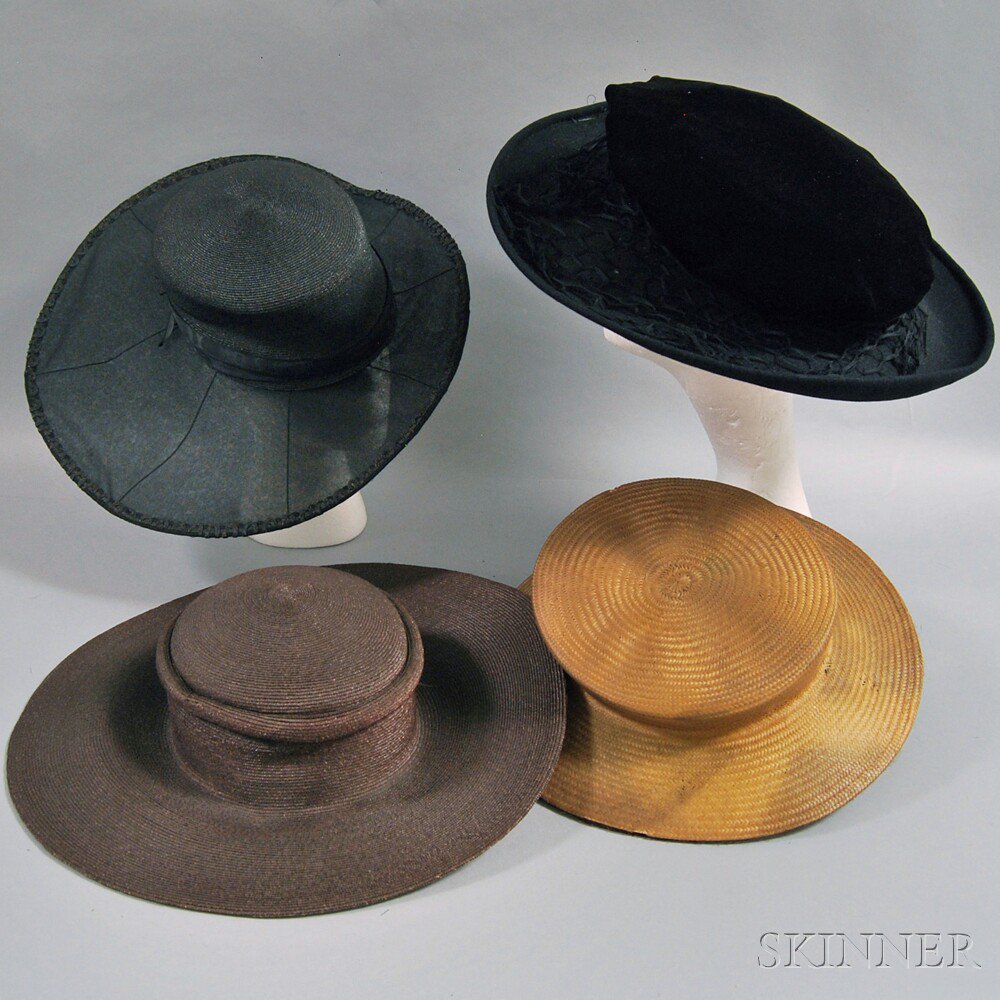 Appraisal: Four Lady's Wide-brimmed Hats America - s a black hat