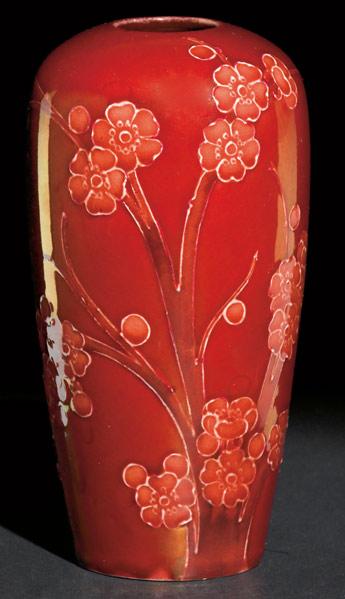 Appraisal: MOORCROFT Red flambe vase painted with delicate sprigs of apple