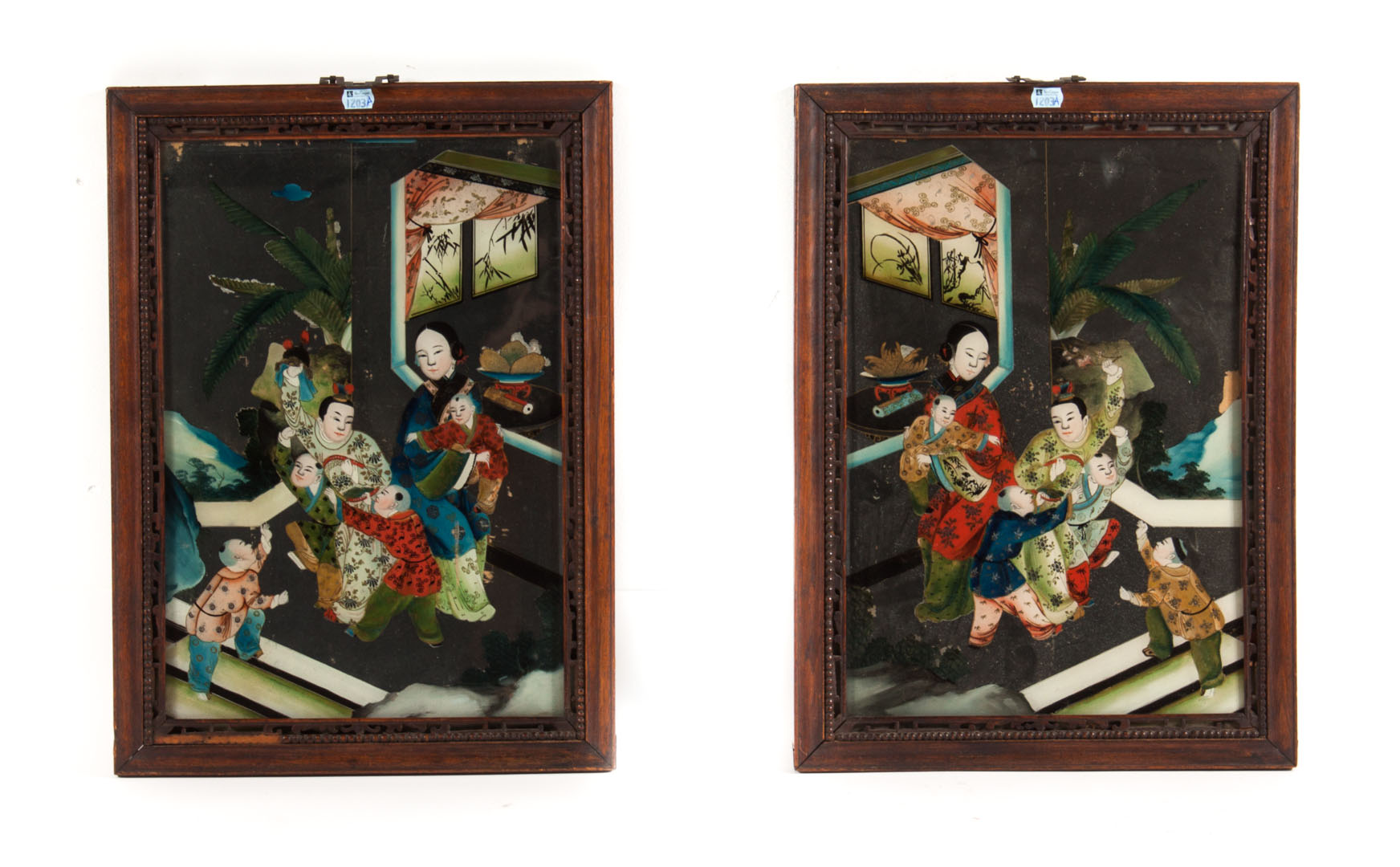 Appraisal: Pr of Chinese reverse painted glass pictures second half- th