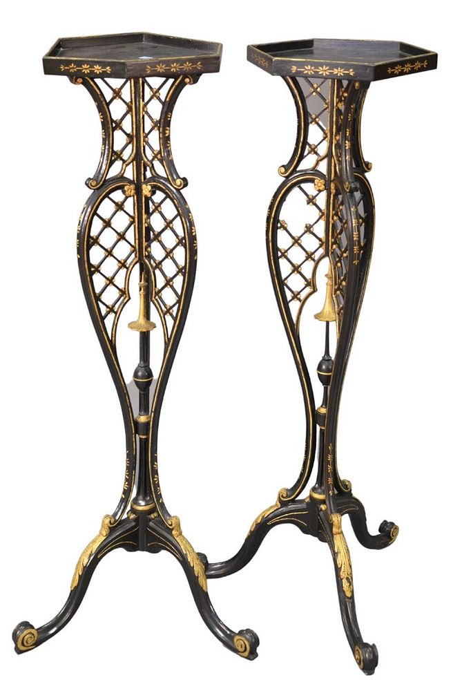 Appraisal: Pair of Victorian Black Lacquered and Gilt Decorated Fern Stands