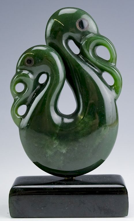 Appraisal: Free Form Carved Green Jade Modern Art Sculpture Artist signed