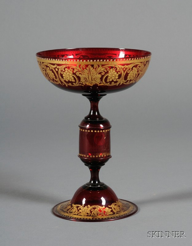 Appraisal: Venetian Renaissance Revival Ruby Glass and Gold Enameled Compote late