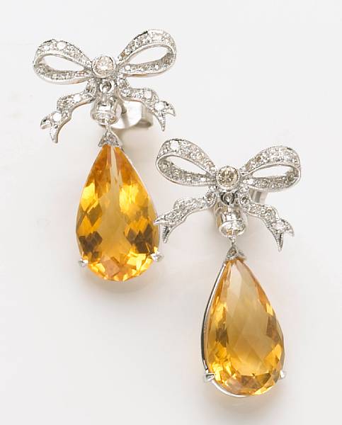 Appraisal: A pair of citrine diamond and k white gold pendant