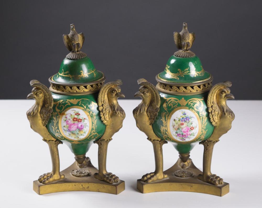 Appraisal: PAIR OF SEVRES PORCELAIN AND BRONZE COVERED POTPOURRI URNS red