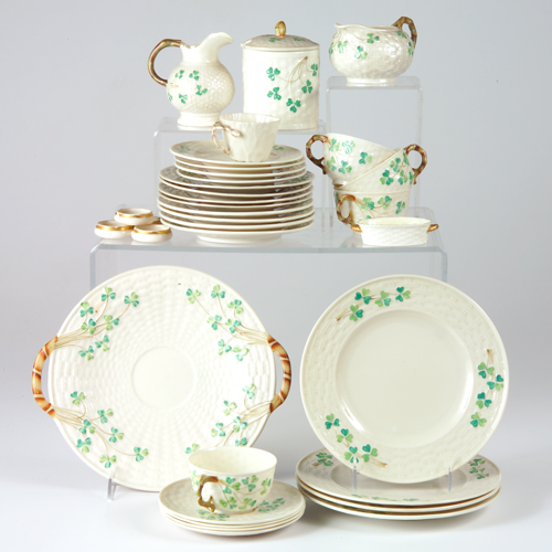 Appraisal: Belleek dessert set with clover design Black marks dia of