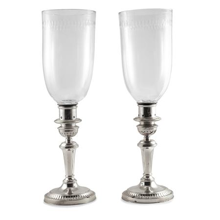 Appraisal: Pair of Silver Plated Candlesticks with Glass Hurricane Shades Estimate