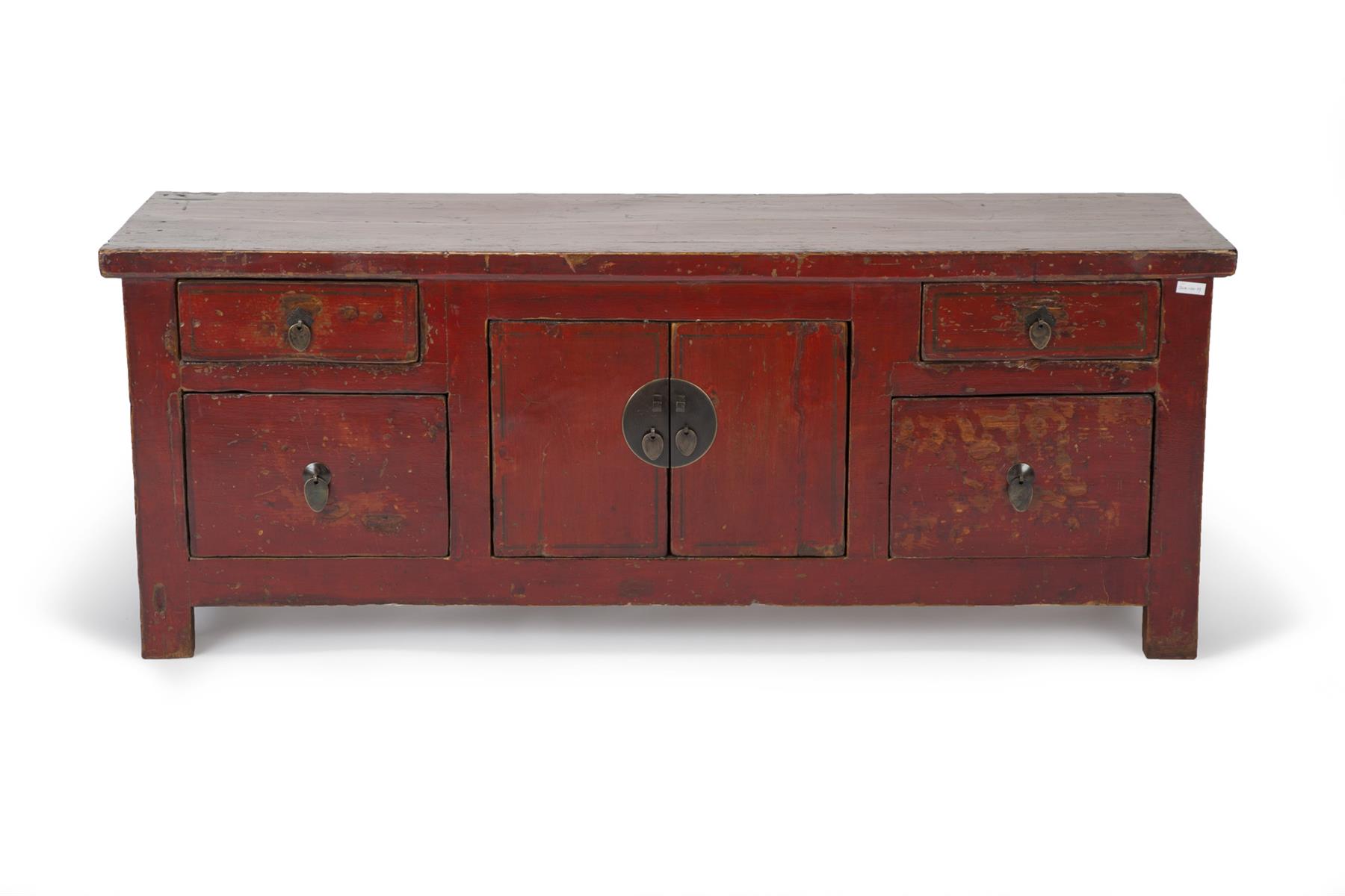 Appraisal: MONGOLIAN KANG CABINET Ca s elm Red lacquered low cabinet