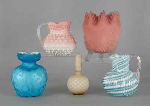 Appraisal: Peach blow hobnail pitcher together with three pieces of satin