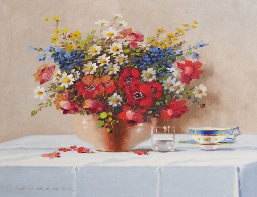 Appraisal: Oil on canvas painting of a floral still life by