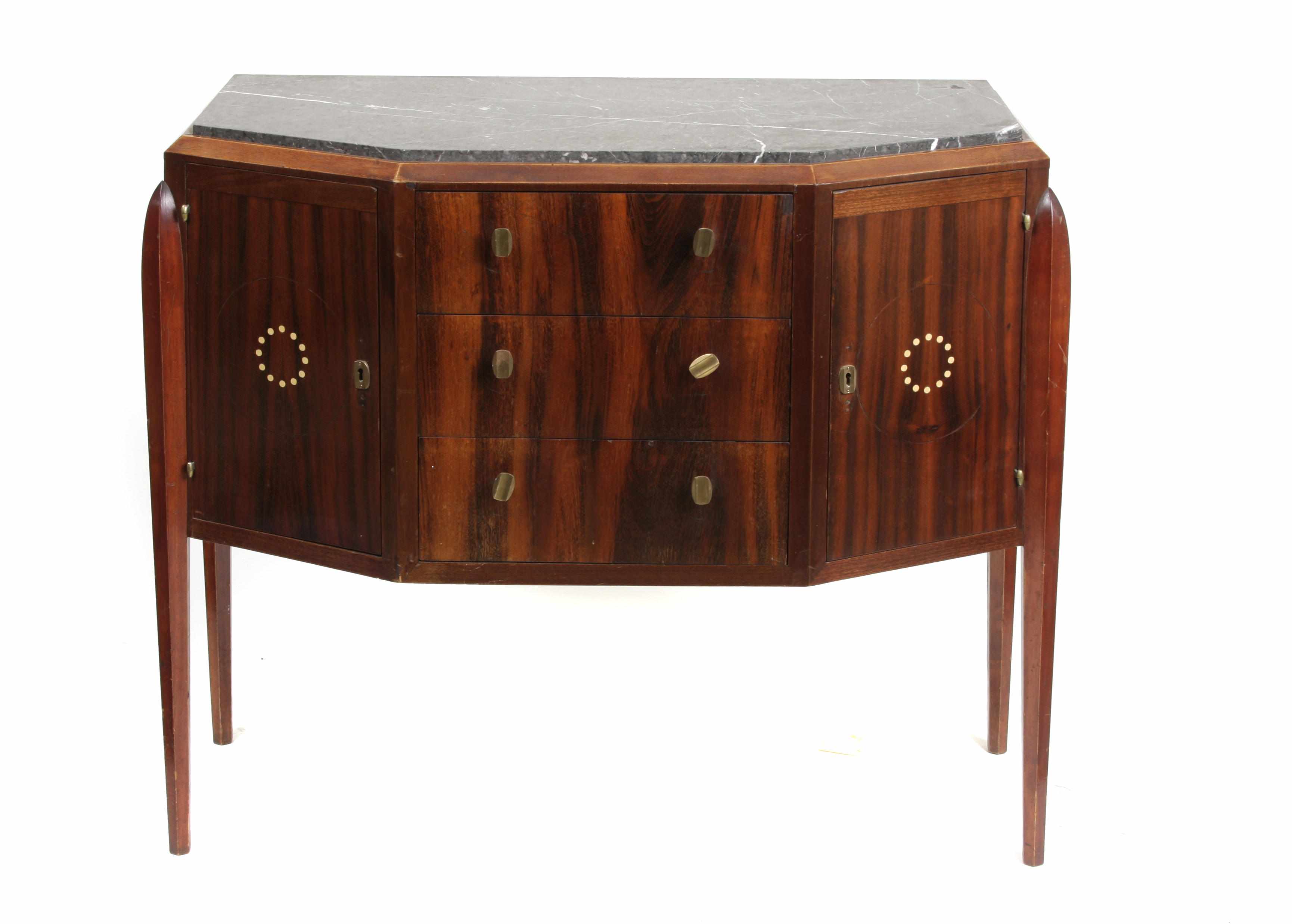 Appraisal: An Art Deco inlaid mahogany and marble sideboard height in