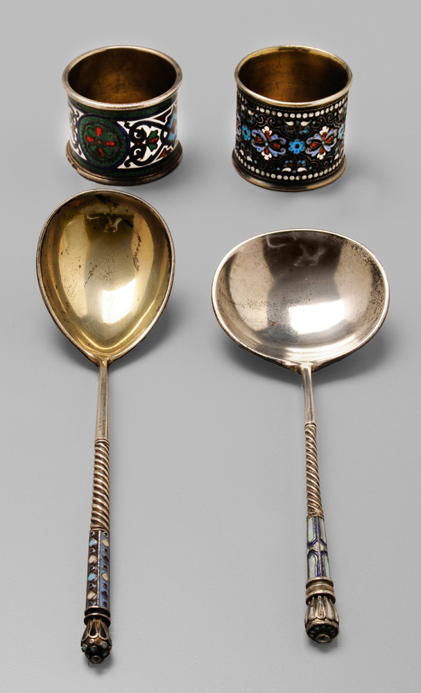 Appraisal: Russian Enamel Silver Spoons and Napkin Ring Russian th century